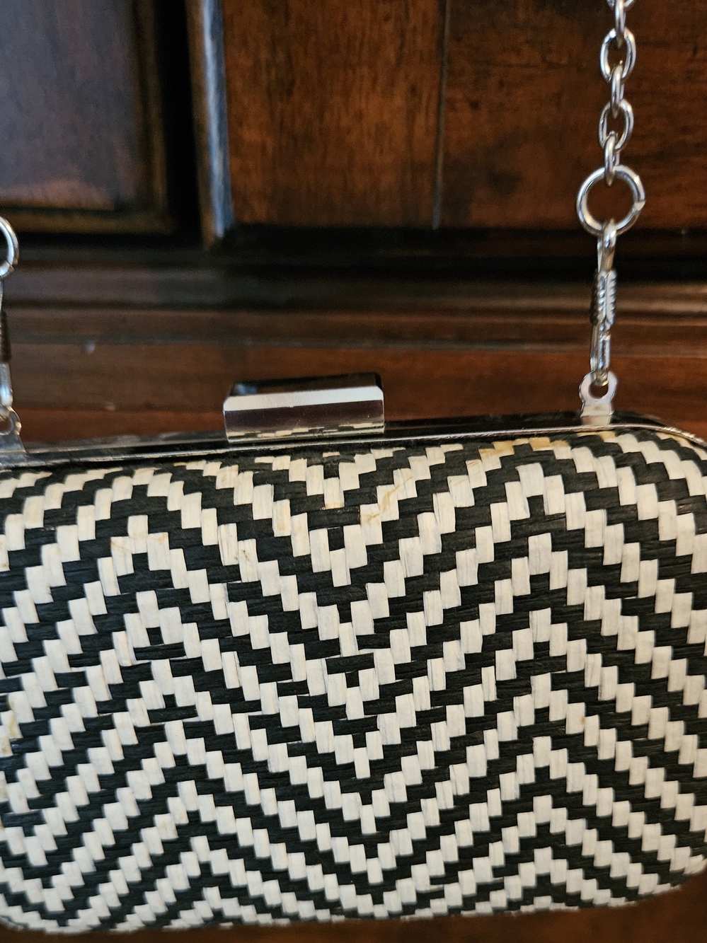 Claire's Black and White Woven Chevron Clutch with Chain